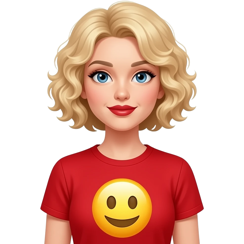 short blonde tight curly hair with a big yellow emoji in a red short sleeve shirt and red lipstick emoji