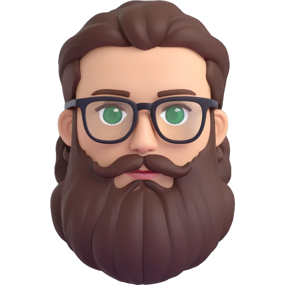 white male mid 30s green eyes black square glasses long brown beard with short brown hair emoji