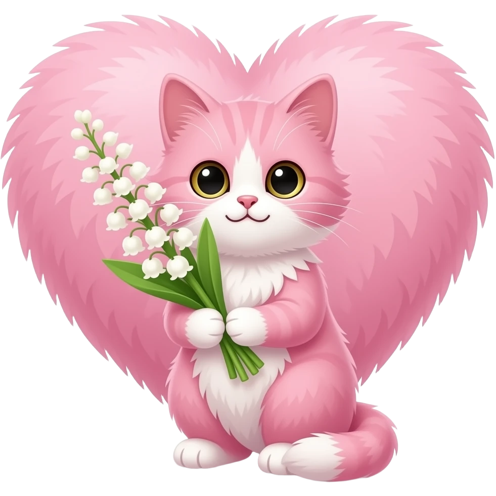 1er mai fête  du muguet, douceur, bonheur avec petit chaton angora en forme de coeur, couleur rose emoji