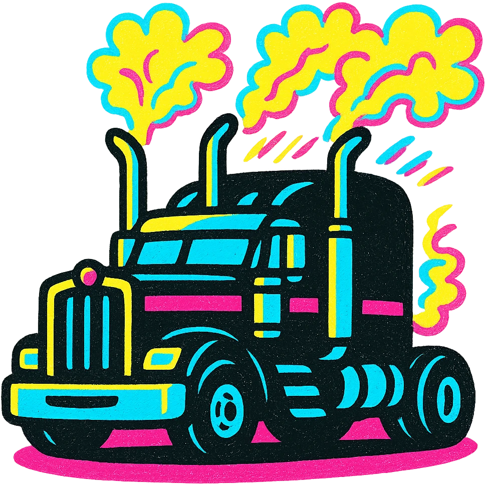 Add exaggerated cartoon smoke coming out of the shiny chrome stacks of the black Kenworth W680 truck rolling down the road. Make it vibrant and energetic with a transparent background. emoji