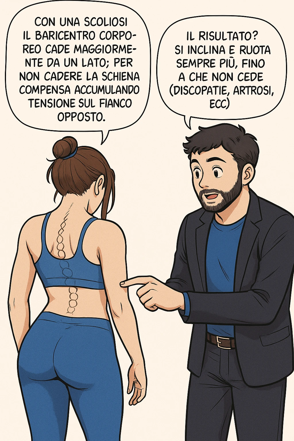 fai questa immagine in versione manga/webtoon a colori, il manga mostra la donna di spalle, mentre l'uomo le tocca la spina dorsale per spiegarle come funziona la scoliosi:
Con una scoliosi il baricentro corporeo cade maggiormente da un lato; per non cadere la schiena compensa accumulando tensione sul fianco opposto.
Il risultato? Si inclina e ruota sempre più, fino a che non cede (discopatie, artrosi, ecc) emoji