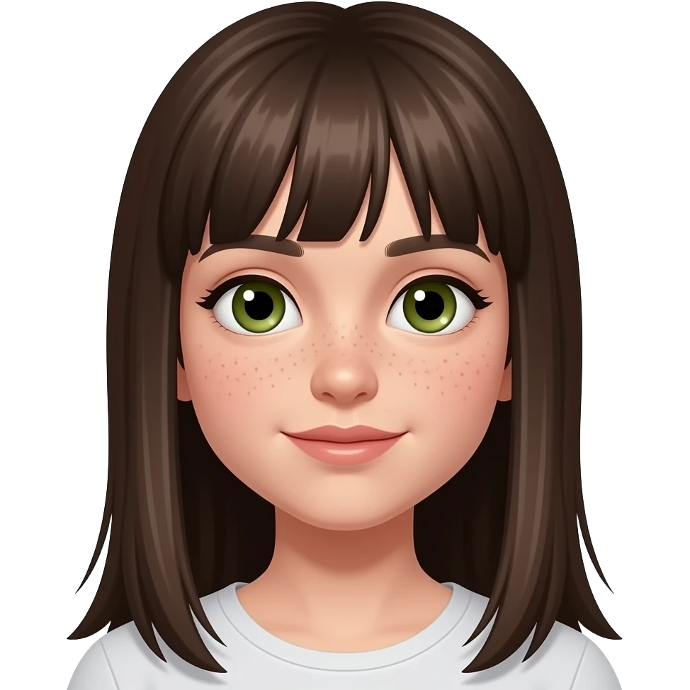 haz una chica con ojos verdes y marrones con pelo liso i castaño muy oscuro muy largo, con pecas y pelo muy largo! emoji