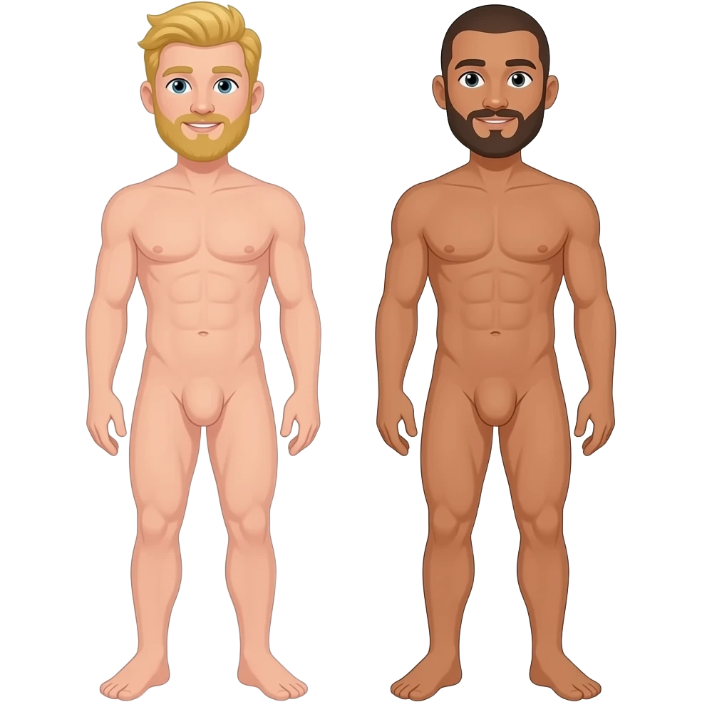 naked gay sex position with Two men. The first is a young man with blond hair and a blond beard. The second is a man with a shaved head and a dark brown beard. Friendly appearance, natural posture, clean cartoon illustration style, simple shapes and bold outlines. emoji