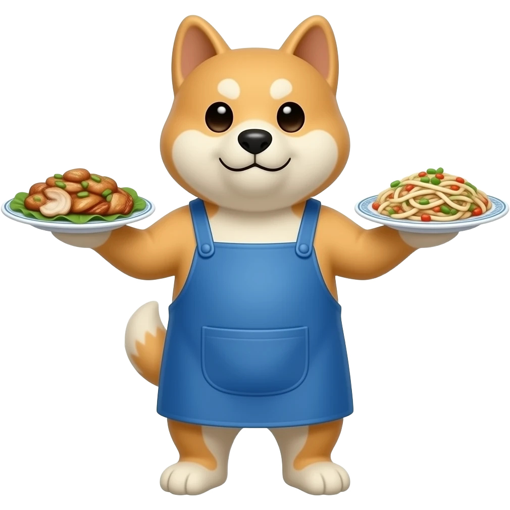 Hachiko dog in chibi cute animation standing on 2 legs serving 2 plates of chinese food , with blue apron on emoji