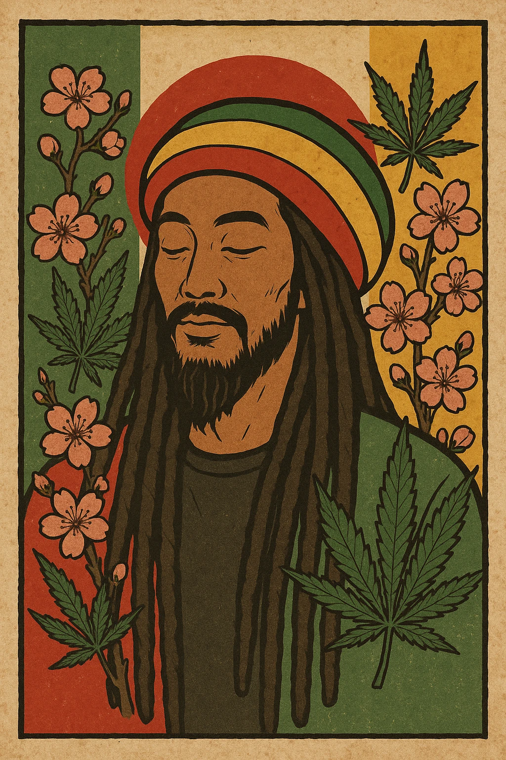 Vintage poster of an Asian Rasta with long dreadlocks, peaceful eyes, and a red-gold-green tam. Surrounded by cherry blossoms and ganja leaves. Background blends Rasta colors into an Asian flag (e.g., red sun from Japan or Chinese star). Retro reggae fusion vibe, with bold lines and aged paper texture.
 emoji