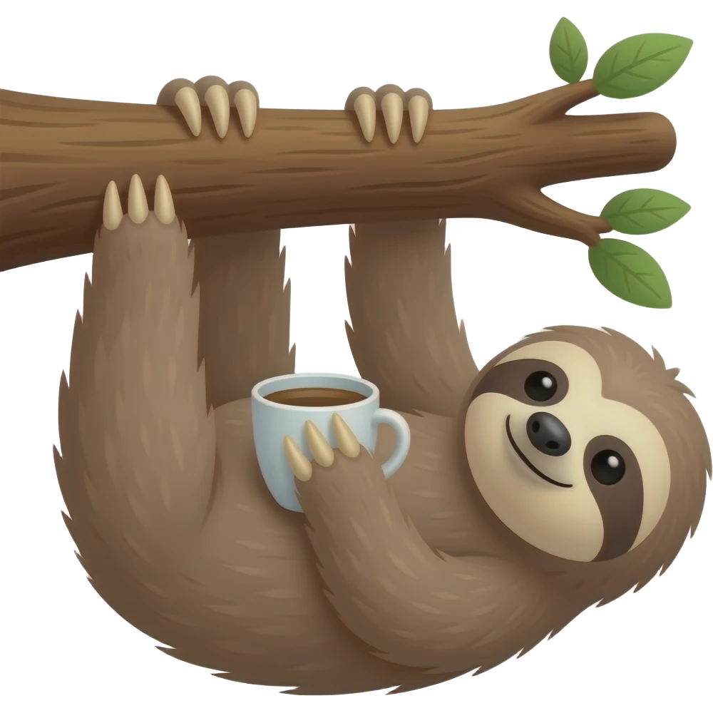 hanging sloth on big tree branch drink coffee hanging emoji