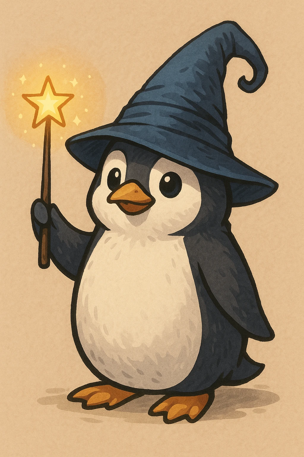 A penguin wizard with a pointy hat and a magic wand emoji
