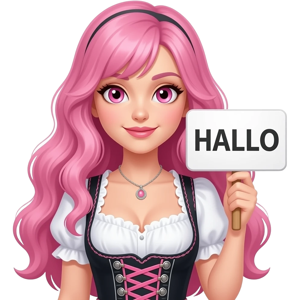 sexy girl with long pink hair and pink eyes wearing a dirndl holding a HALLO sign emoji
