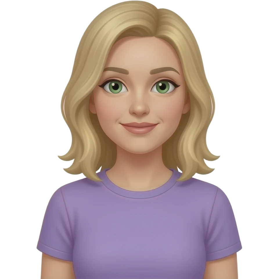 A woman in late 20s, blonde collarbone length hair, green eyes, wearing a lilac t-shirt, image up to waist emoji