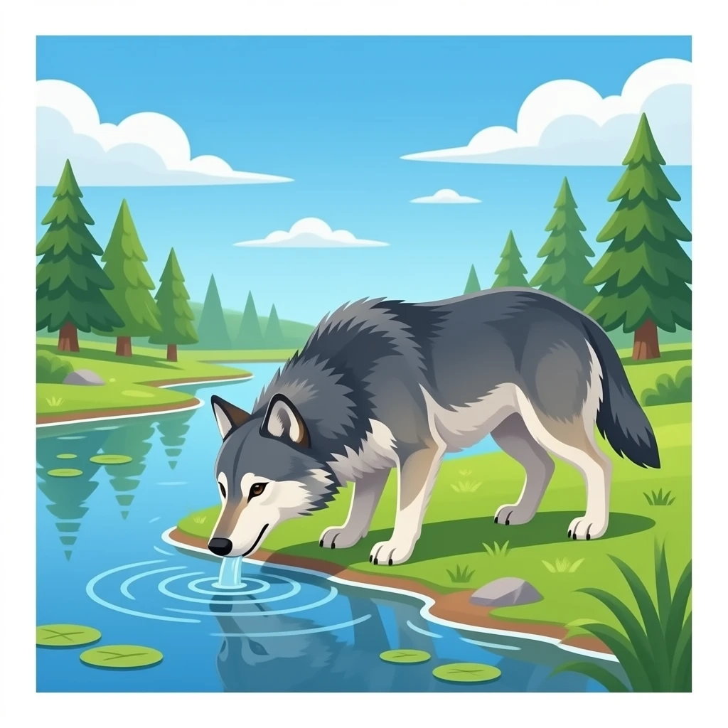 Hazme un rio con un lobo bebiendo del lago. El lobo tiene que tener mucha barriga. emoji