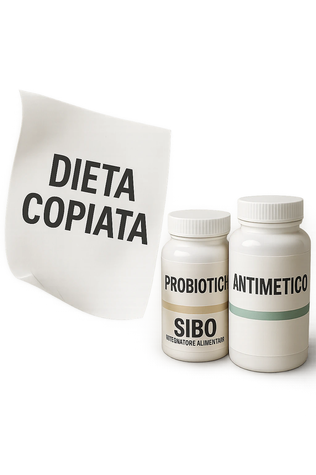 FOGLIO DI CARTA FLUTTUA IN ARIA CON LA SCRITTA "DIETA COPIATA", INSIEME A BARATTOLI DI INTEGRATORI PER CURARE IL SIBO IN ITALIANO, IPERREALISTICO 4K, NON DISEGNATO emoji