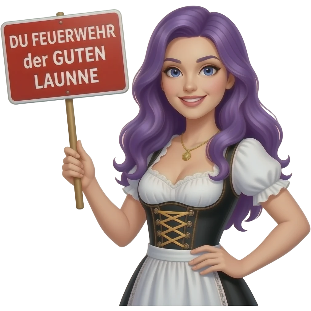 sexy girl with long purple hair wearing a dirndl holding a DU FEUERWEHR der GUTEN LAUNE sign emoji