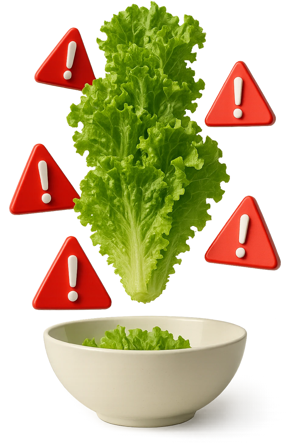 insalata che cade verticalmente in una bowl bianca insieme a segnali triangolari di pericolo con punti esclamativi rossi in 3d, iperrealistica 4k emoji