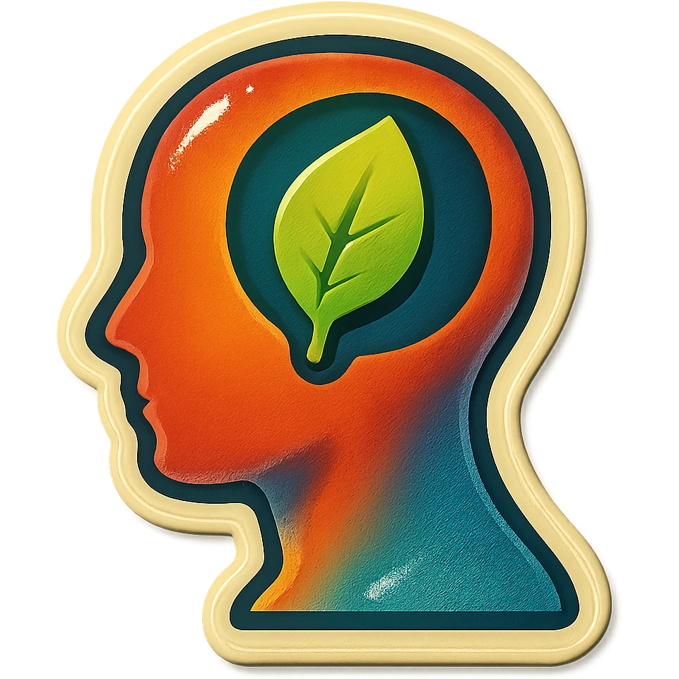 human silhouette or body with a leaf symbolizing mental health placed on the face, retro stickers style, clear outlines, strong shadows and highlights, fun and not too complex, psychosomatics and psychology theme emoji