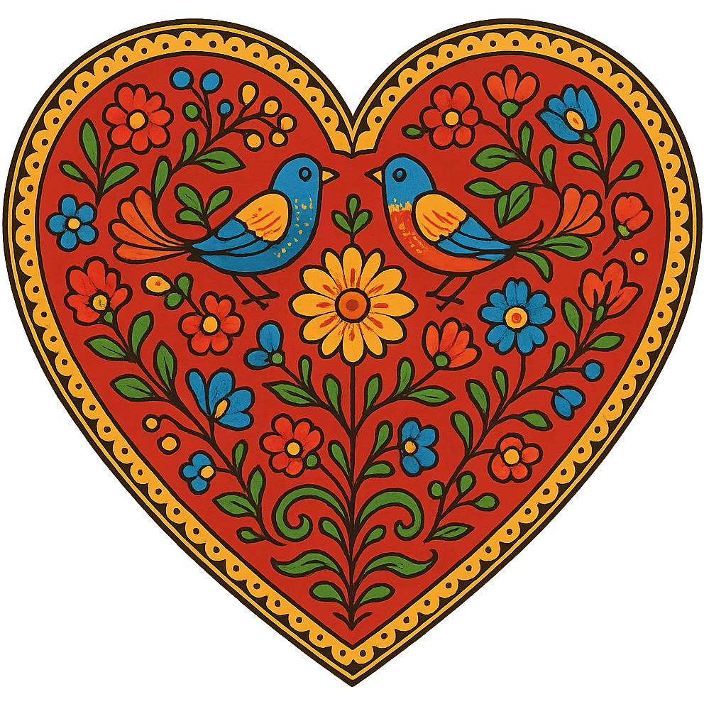 red heart with Slavic folk art nature motif, bright folk colors, stylized flowers, birds, and vines, ornate, border around heart emoji