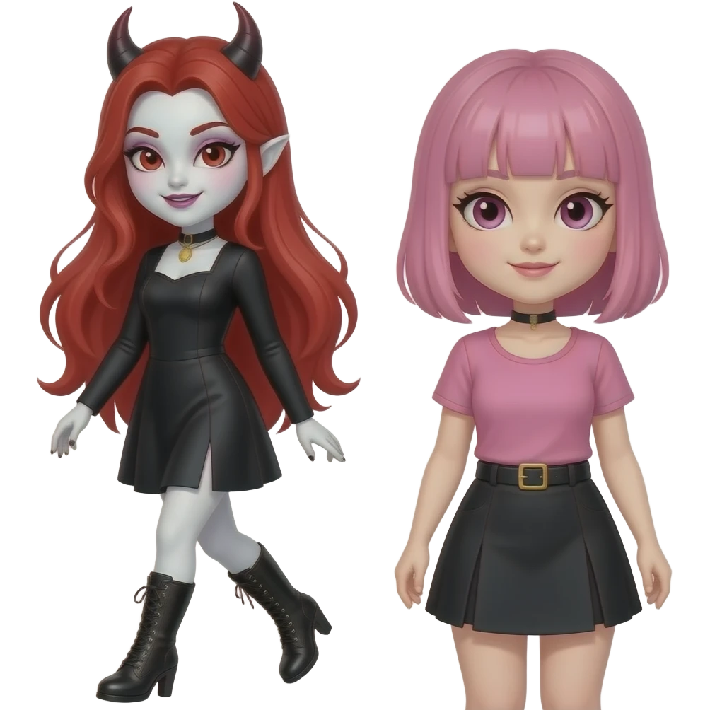 Vampiro femmina ADOLESCENTE con pelle bianca e capelli rossi lunghi che indossa un tubino nero con maniche lunghe e degli stivali lunghi neri con tacco che cammina  insieme alla sua amica VAMPIRO con i capelli rosa e la frangia che ha una gonna corta nera e un top rosa emoji