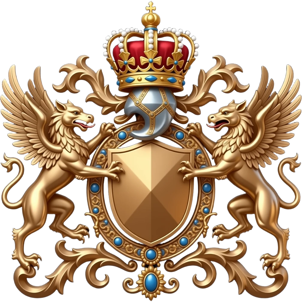 decorated bronze coat of arms with a bronze shield and bronze tendrils and ornaments, symmetrical with a royal ornate crown on top and two griffins hovering and supporting the shield, on a black background emoji
