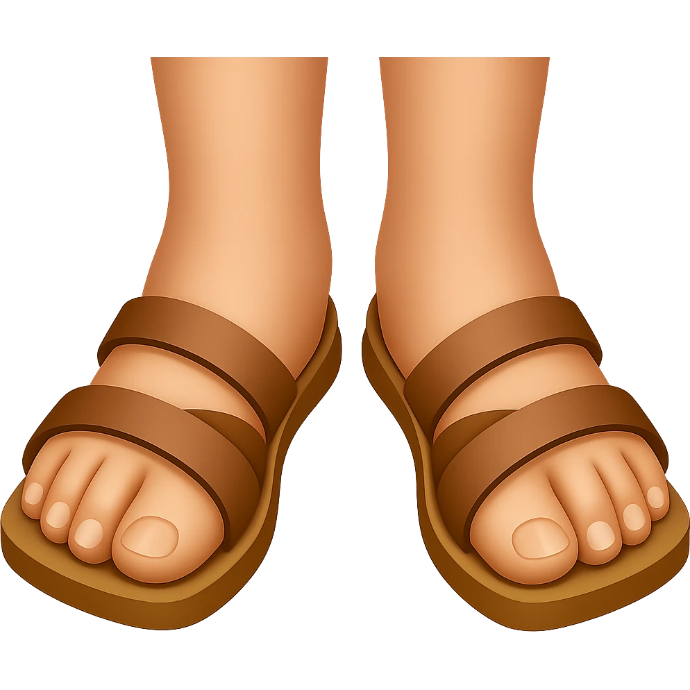 Front view of Mary Magdalene's feet in sandals, matching the style and colors of the emoji style, transparent background. emoji