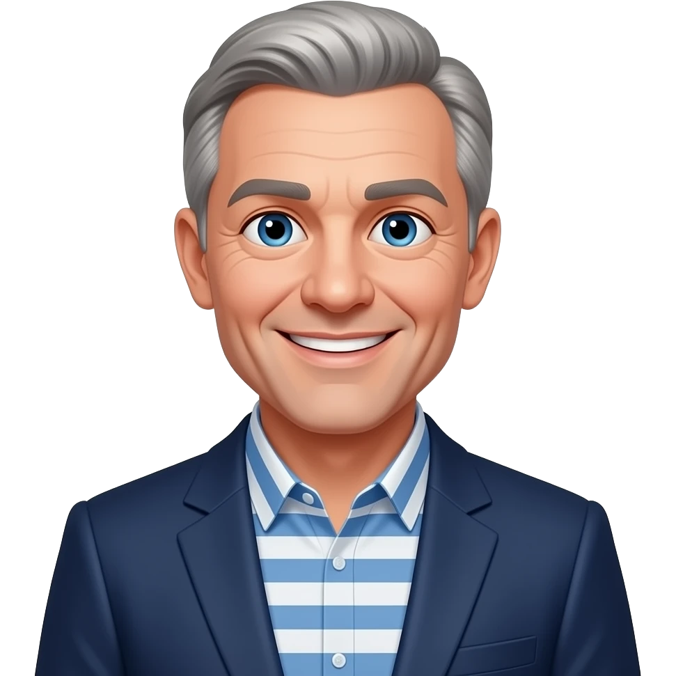 DJR - man, age 70, thin grey hair, blue eyes, blue and white striped shirt, dark blue blazer, friendly smile emoji