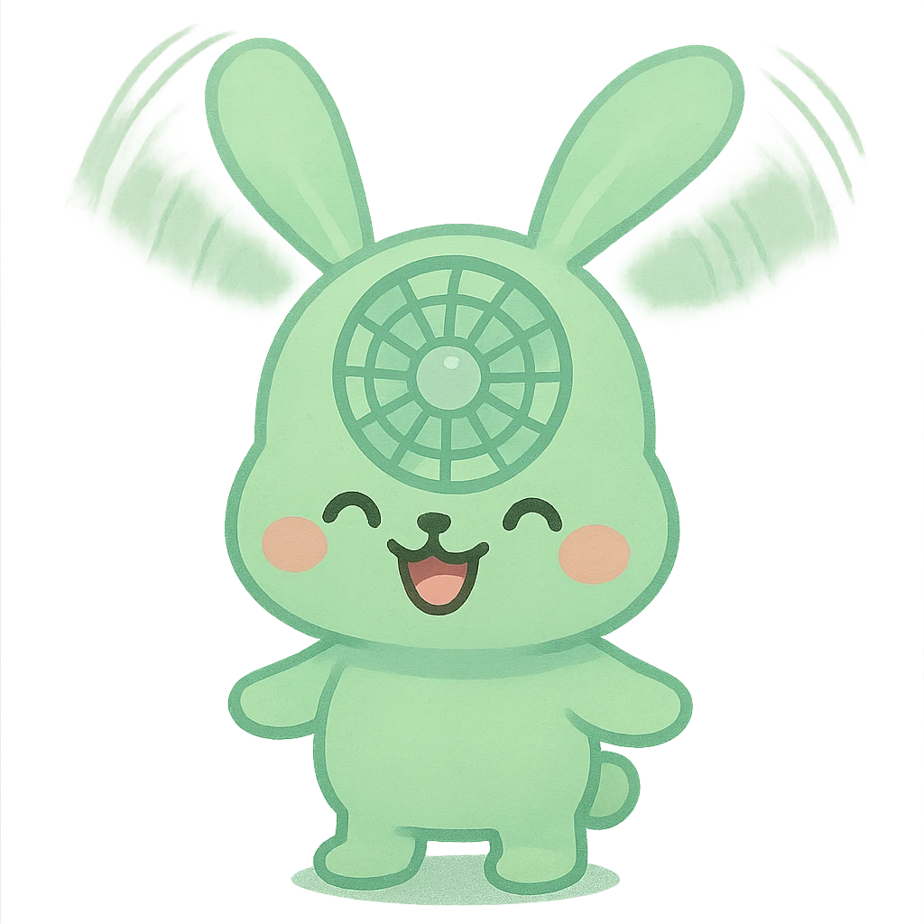 electric fan bunny with spinning ear blades, cheerful expression, pastel green, full-body emoji