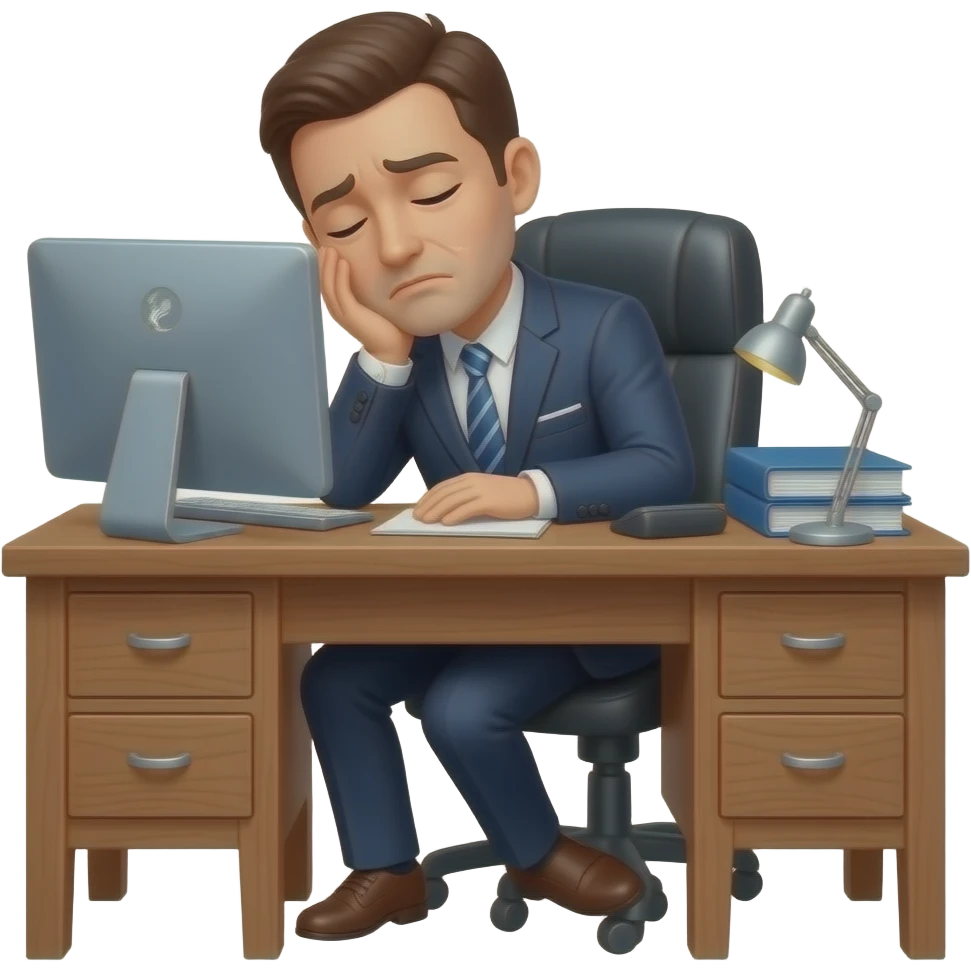 hombre con traje,exausto,sentado,reposandose en su escritorio,simple emoji