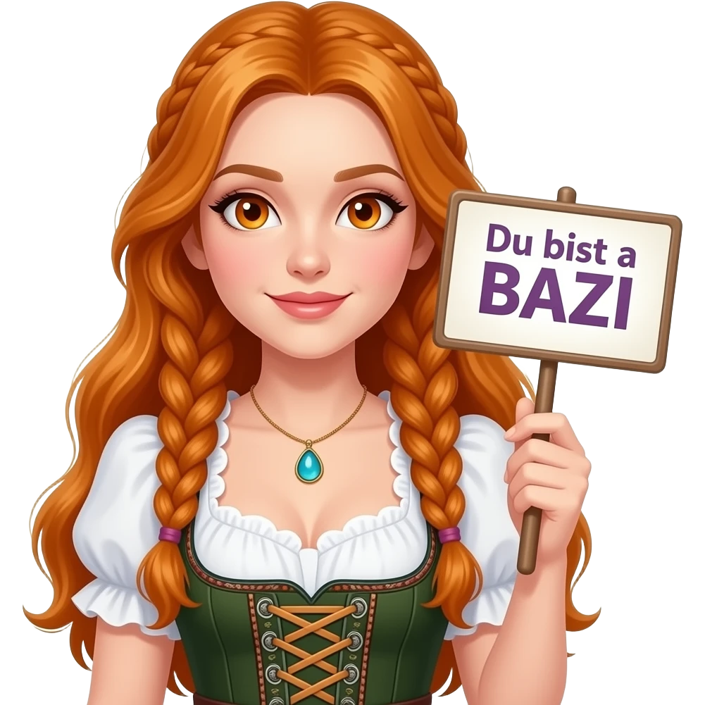 sexy girl with overlong ginger hair in braids and ginger eyes wearing a dirndl holding a Du bist a BAZI sign emoji