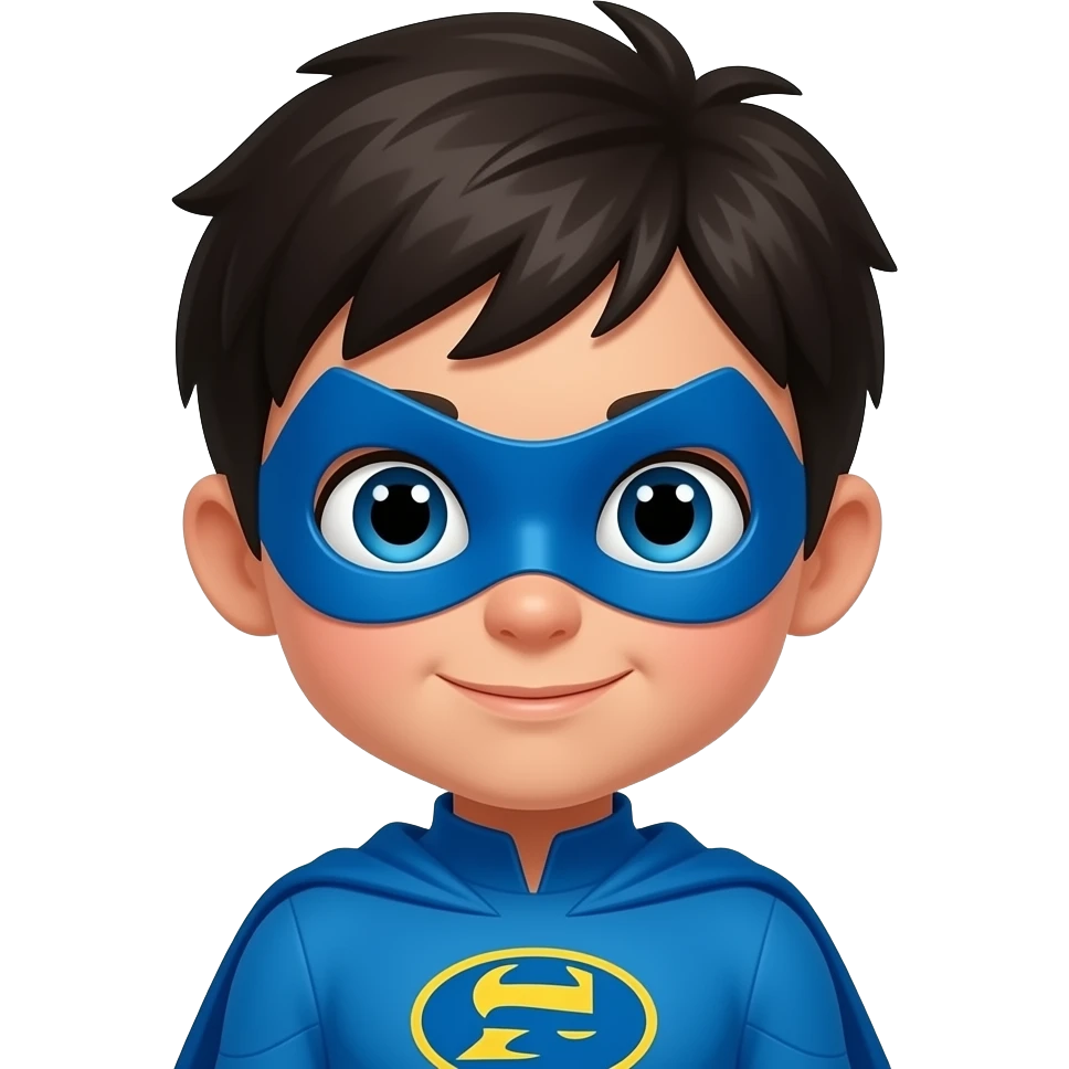 quiero que me hagas a un superheroe con el pelo negro mascara azul i con un traje azul que sea un niño emoji