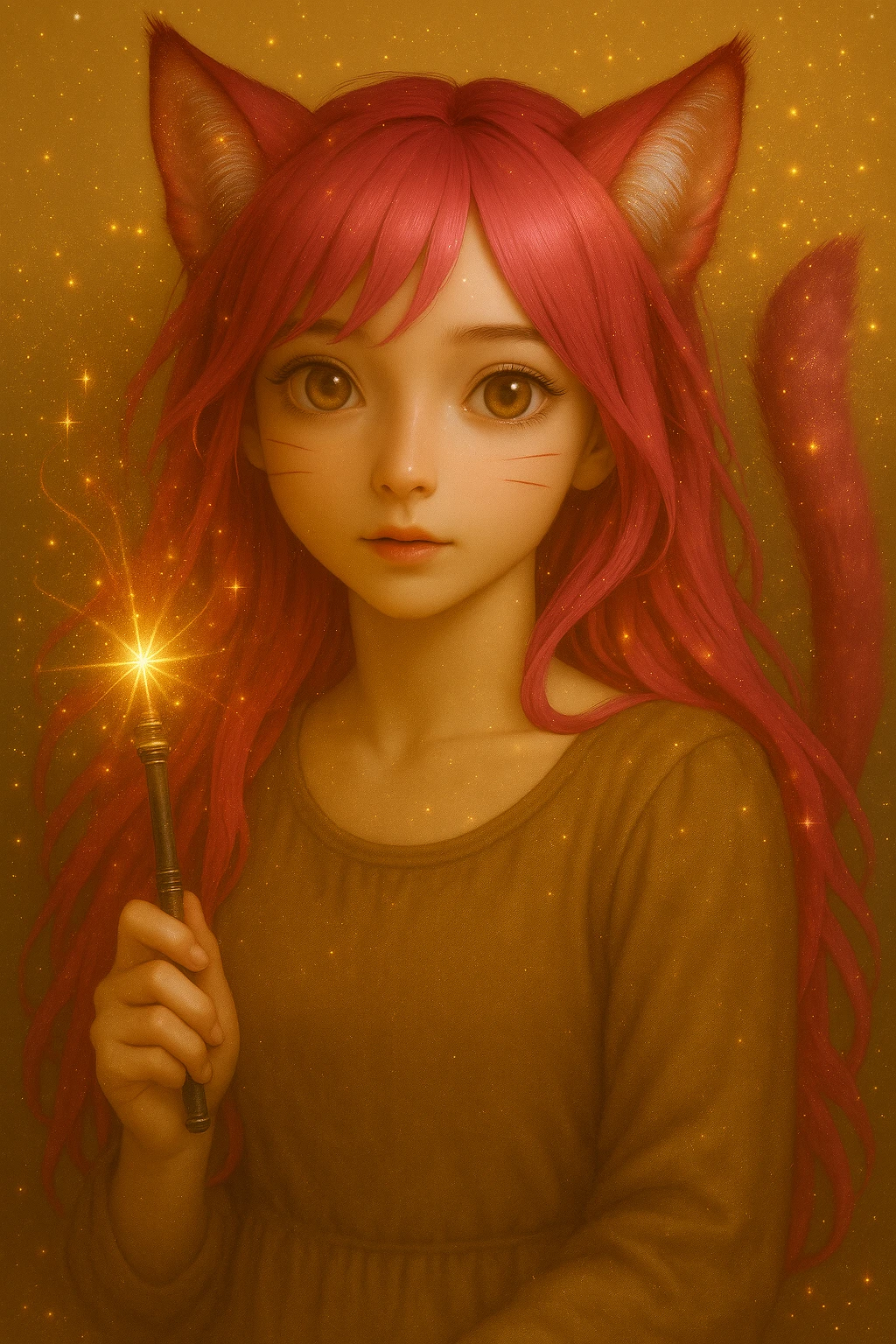 Add sparkles, magical glows, and shimmering effects around the catgirl and her accessory, keeping the realistic anime style. Maintain the realistic anime look with glowing particles and magical auras enhancing the scene. emoji