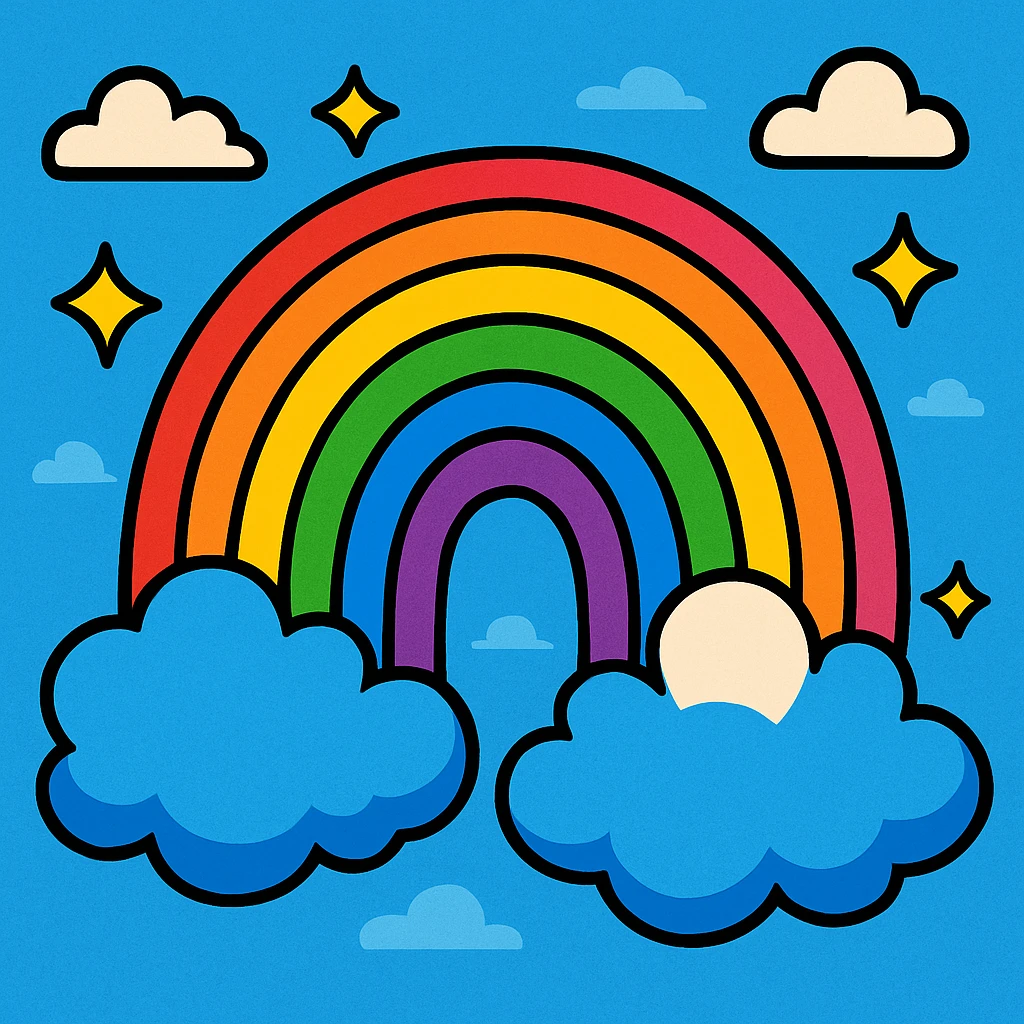 a rainbow with fluffy clouds, vivid colors, playful style, vibrant toon emoji