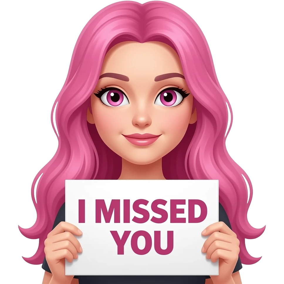sexy girl with long pink hair and pink eyes holding I MISSED YOU sign emoji