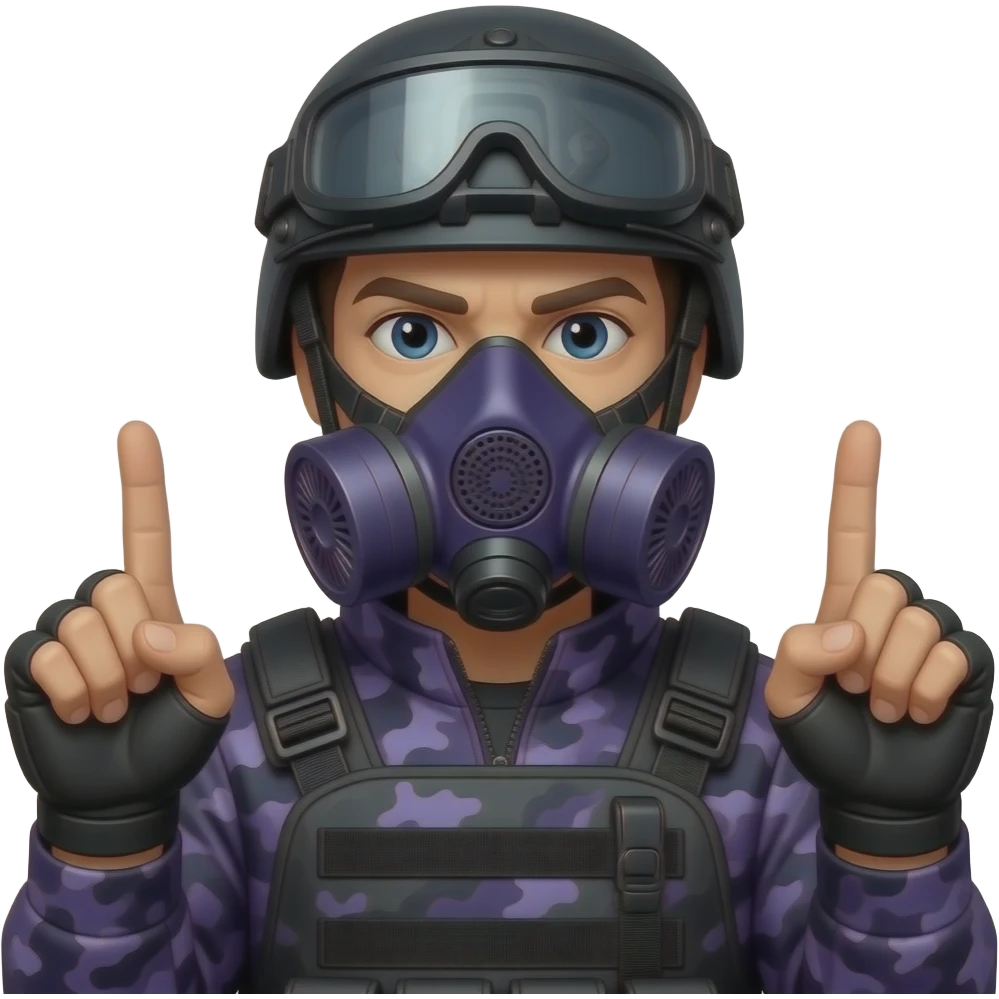Man with two middle fingers black gogglesin dark purple camoflage tactical gear helmet full face dark purple gasmask emoji