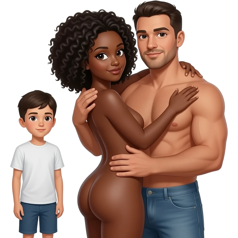 Un hombre fuerte desnudo  moreno abrazando a una mujer afro negra desnuda de gran culo de frente al chico emoji