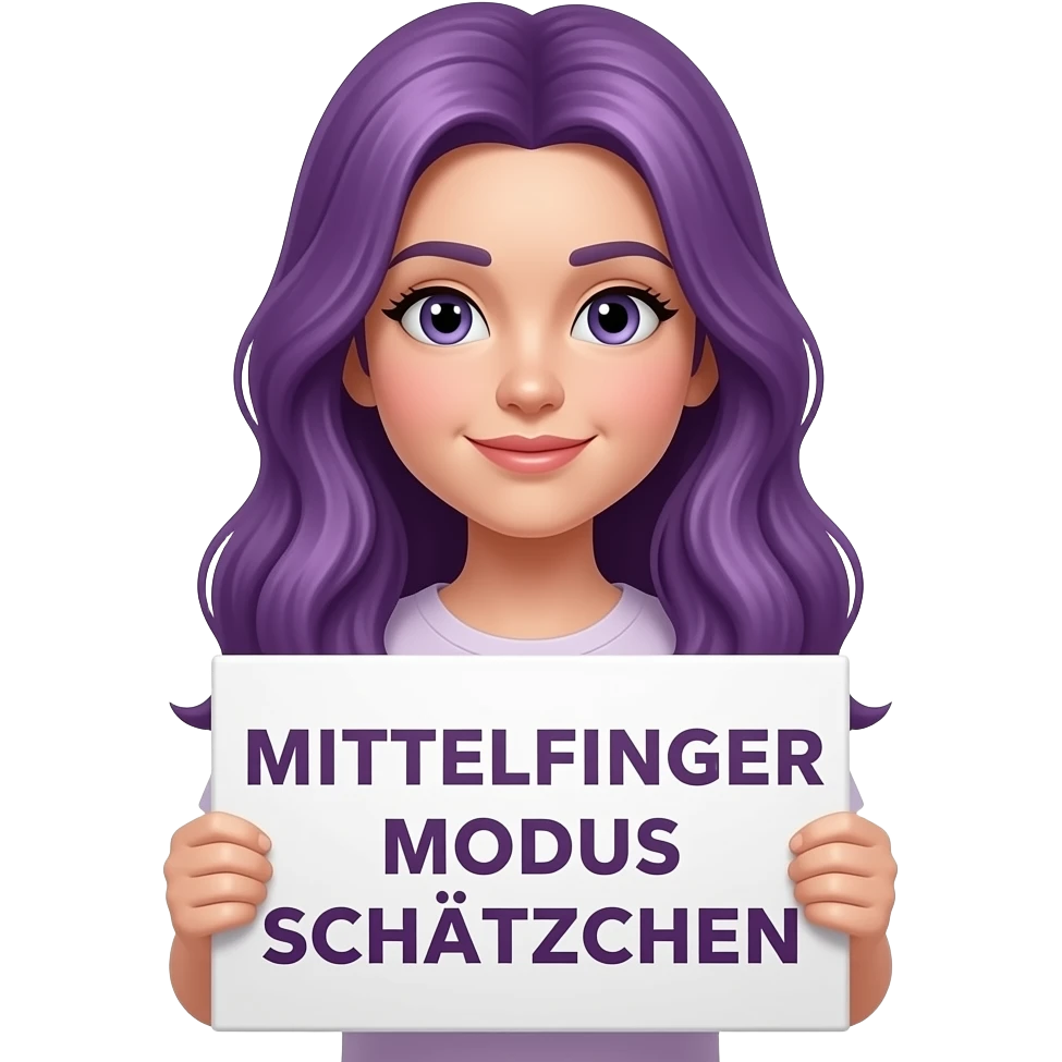 girl with long purple hair holding a MITTELFINGER MODUS SCHÄTZCHEN sign emoji