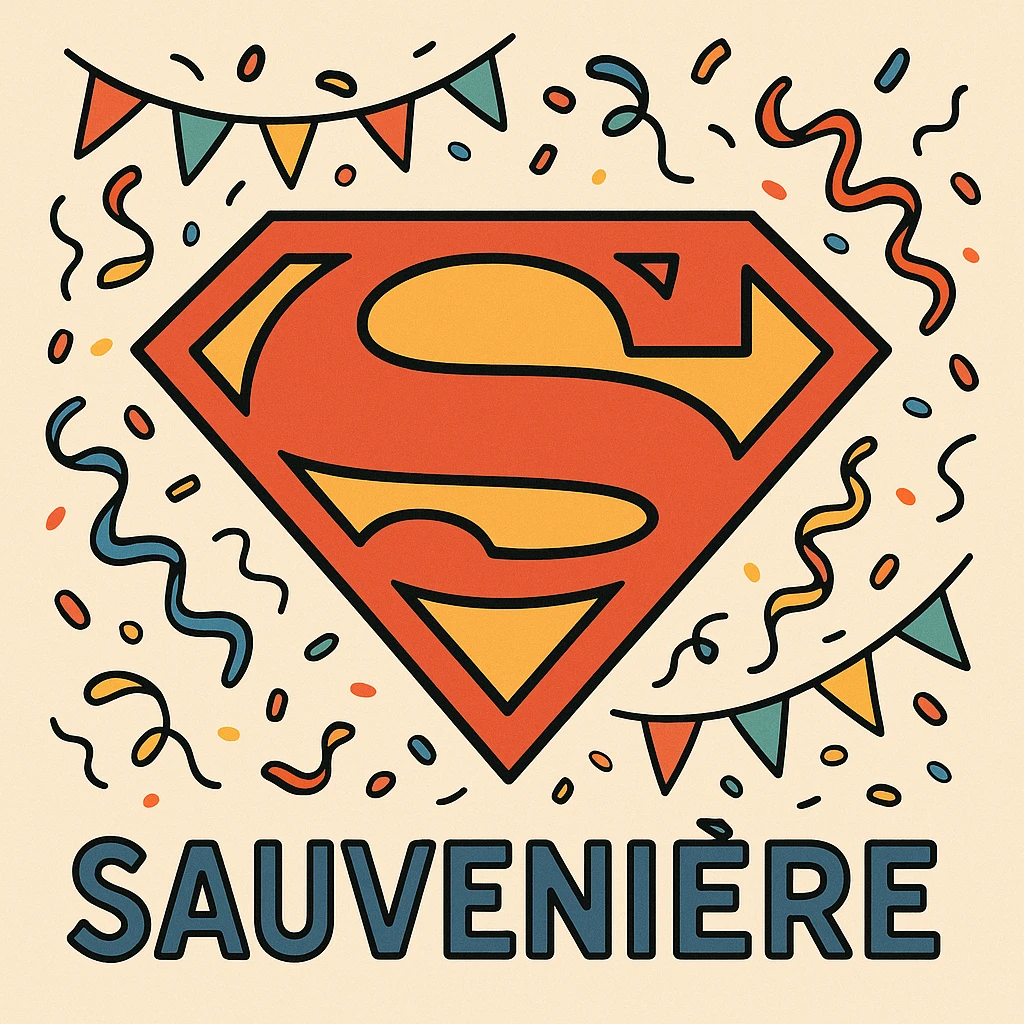 symbol combining Superman S and festive elements like confetti and flags, bright colors, cartoon style, representing Sauvenière emoji