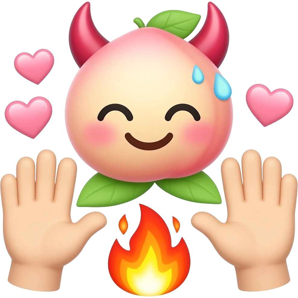 A glossy 3D peach emoji sticker between two cute cartoon hands, cheeky blushing face, tiny devil horns, sweat drops, hearts and flames, playful forbidden fruit humor, suggestive adult emoji style, clean transparent background, soft shadow, high quality, no text, no watermark, non-explicit emoji