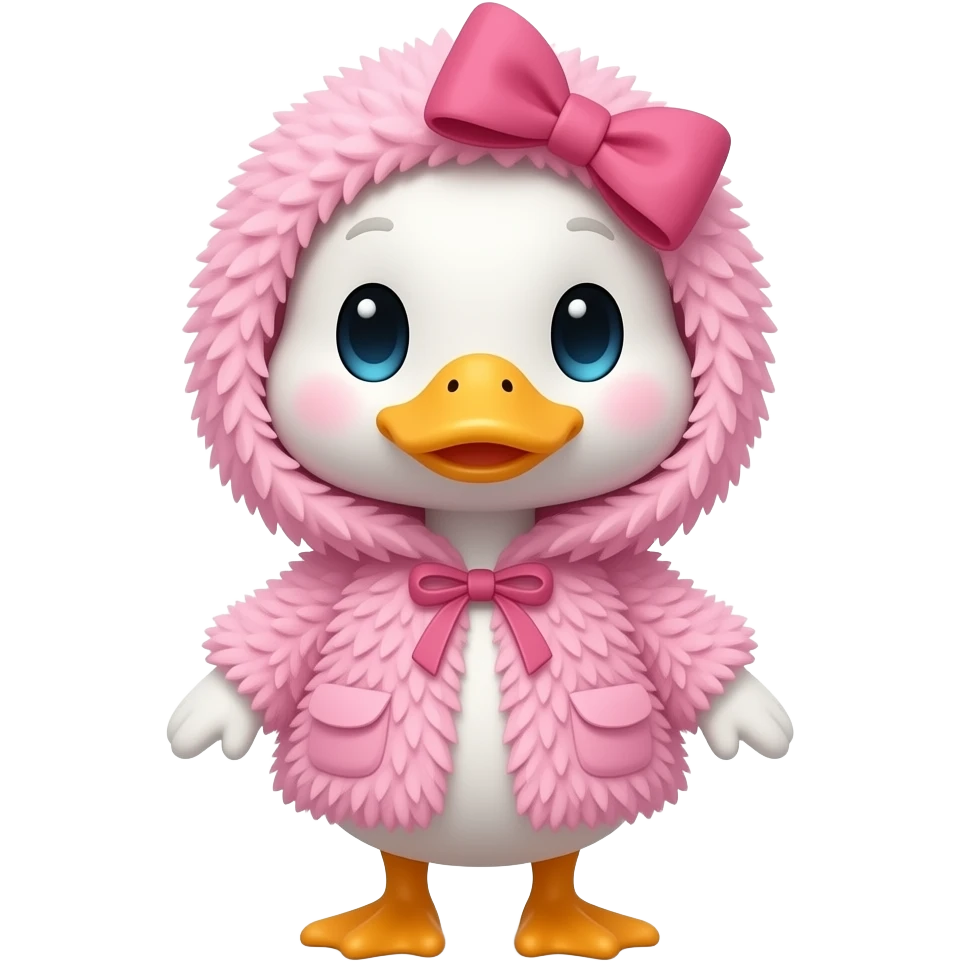 small duck in pink fur coat with bow on its head emoji
