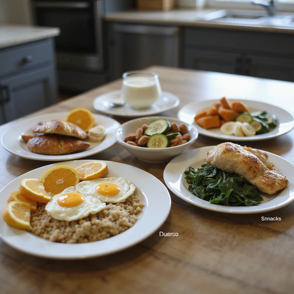 hyperrealistic 4K table with separate plates for 2000 calorie diet: breakfast with scrambled eggs, whole grain bread, orange; lunch with chicken, couscous, zucchini; dinner with cod, sweet potatoes, spinach; snacks with yogurt, banana, almonds. Plates labeled with calories, modern kitchen atmosphere emoji