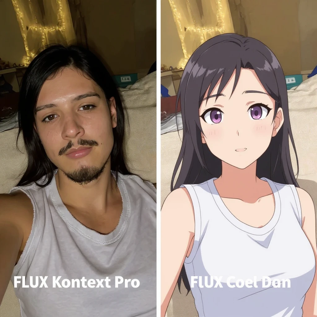 create before after image of a girl before is realsitic photo, after is anime version of her in same pose and clothes, add logo with text of a "FLUX Kontext Pro" emoji