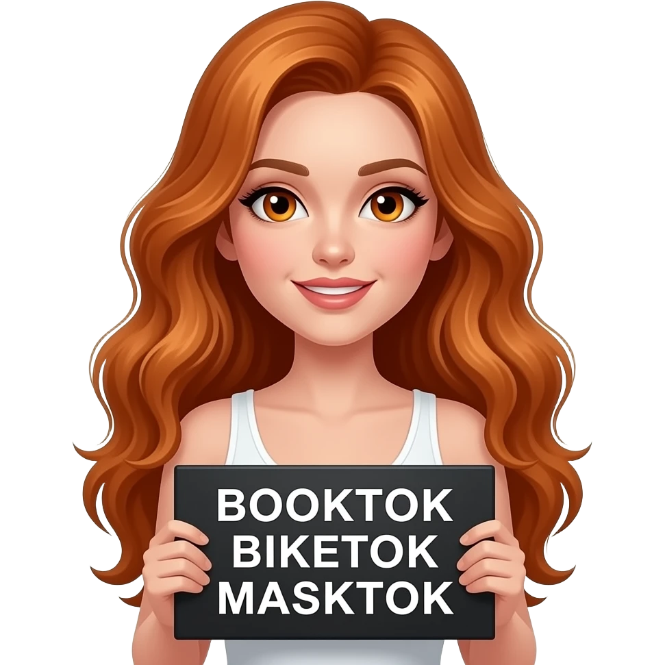 sexy girl with long wavy ginger hair and ginger eyes wearing a white tanktop is holding a black colored sign with BOOKTOK BIKETOK MASKTOK written on it emoji