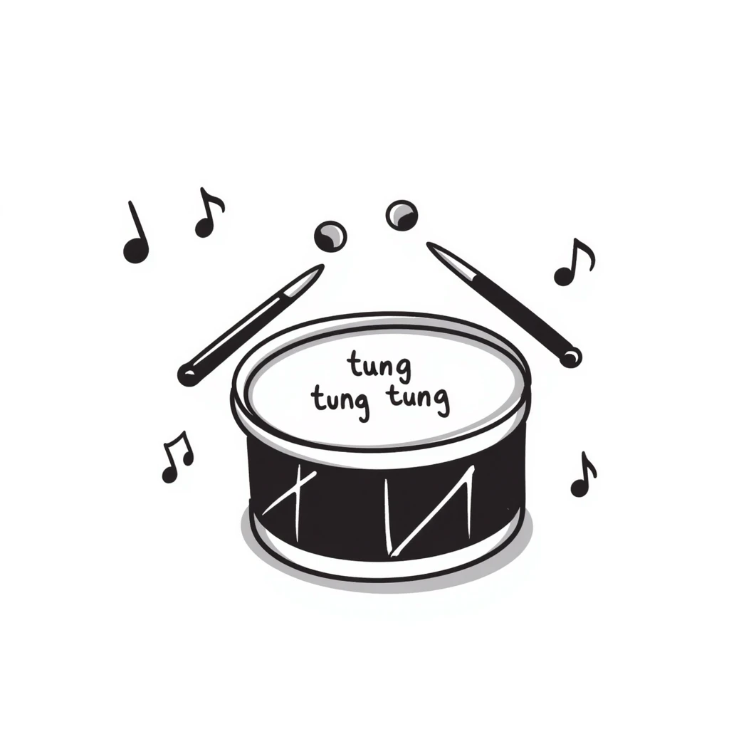 a cartoon drum with drumsticks and musical notes, with the phrase 'tung tung tung tung sahur' in a playful hand drawn doodle style emoji