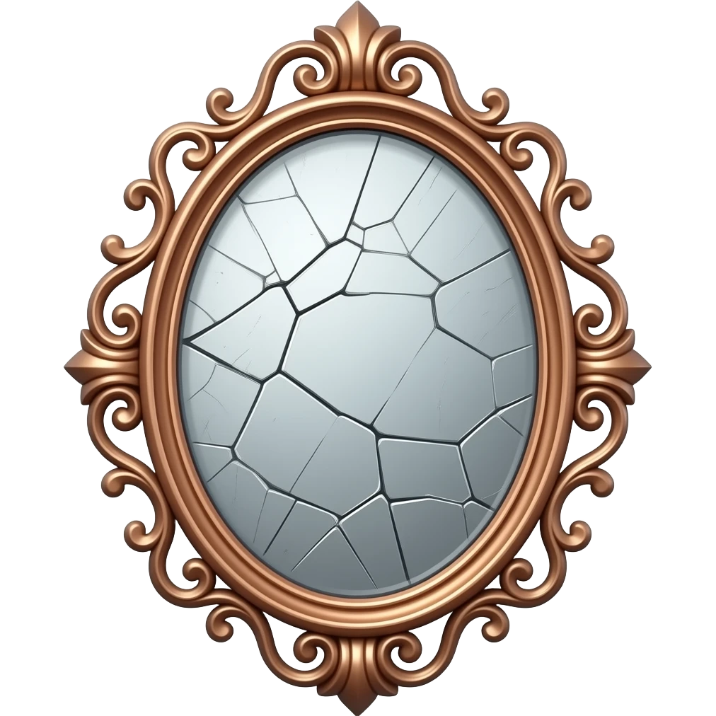 A vintage oval mirror with an ornate, swirling rose gold frame. The surface of the mirror is distressed with sharp, jagged geometric fractures, giving it a broken, high-fashion aesthetic emoji