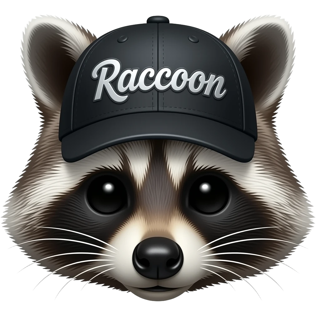 A raccoon skeleton head thats wearing a black baseball cap that says "Raccoon" with silver lettering and white bordering, with no hair or fur emoji
