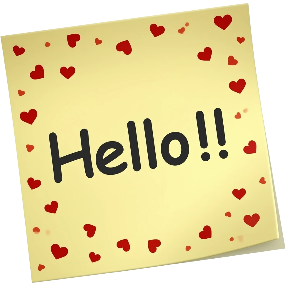 sticky note that says "Hello!!" with many tiny red heart in transparent background emoji