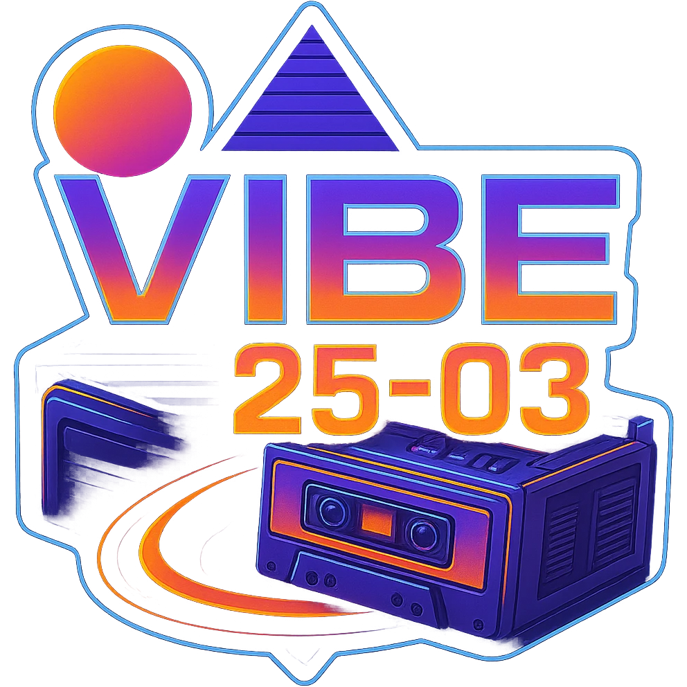 Remove the Rubik's cube and focus on a large cassette player boombox as the main retro element for the VIBE25-03 logo. Maintain the neon synthwave style and vibrant colors with no background, transparent background. emoji