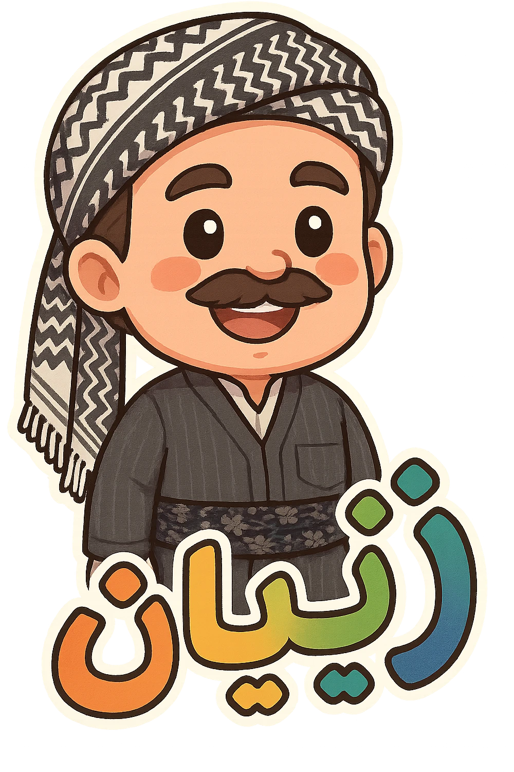 Create a colorful and cheerful Kurdish cartoon sticker with traditional clothing exactly like the reference image. Add the Kurdish text 'ژیان' in a vibrant and happy style, suitable for WhatsApp and Instagram, with a transparent background. emoji