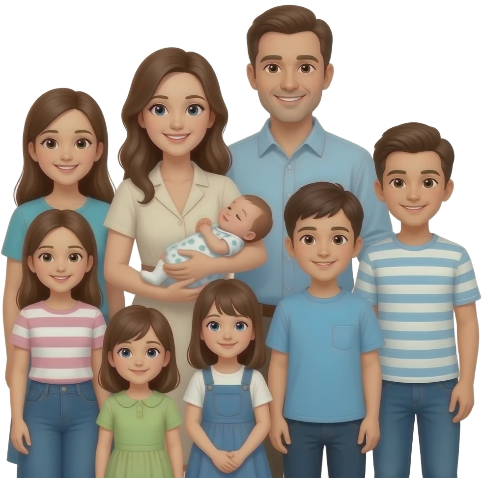 family of 8 white people and all with brown hair with 2 parents mom holding a newborn baby girl and dad with 6 kids in age order- girl-13, boy-10, boy-10, girl-8, girl-1 emoji