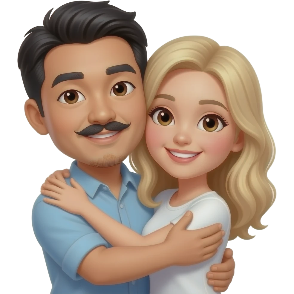 asian men with a lil moustach and goatee and white woman with blond hair brown eye hug emoji