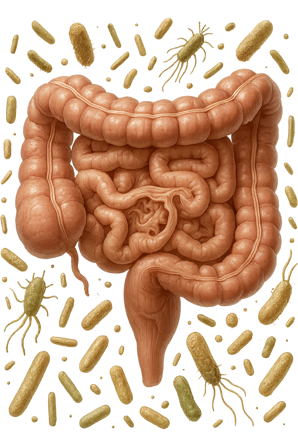 INTESTINO ANATOMICO REALISTICO CON BATTERI INTESTINALI CHE FLUTTUANO INTORNO, IPERREALISTICA 4K emoji