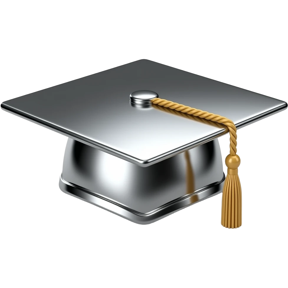 Take the 🎓 graduation cap emoji and recreate it as a 3D chrome metallic icon.  Liquid silver material, glossy reflections, black and white only,  dramatic studio lighting, white background,  ultra sharp render, 512x512px, no text,  same shape and silhouette as the original emoji emoji