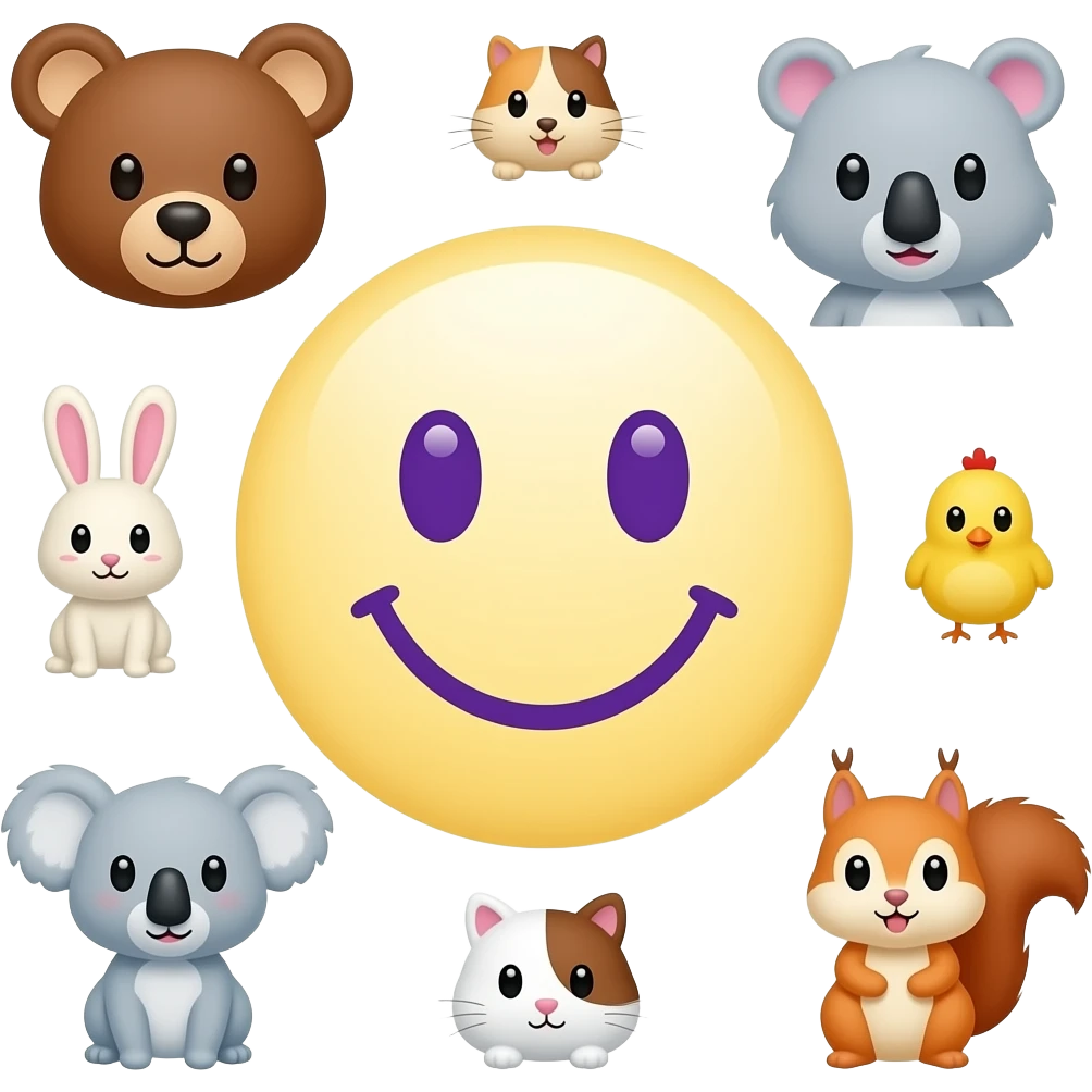 CIRCLE Smiley emoticon in the centre, serrounded by smaller size 🐻🐰🐨🐈🐹🐿🐥, with light yellow and background, purple outline emoji